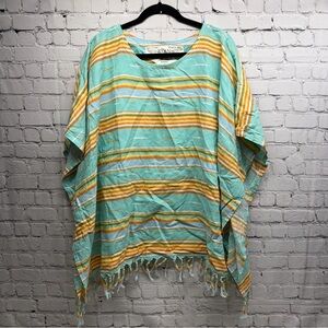 Ryan Michael Striped Linen Blend Top in Aqua & Mustard Sz L/XL